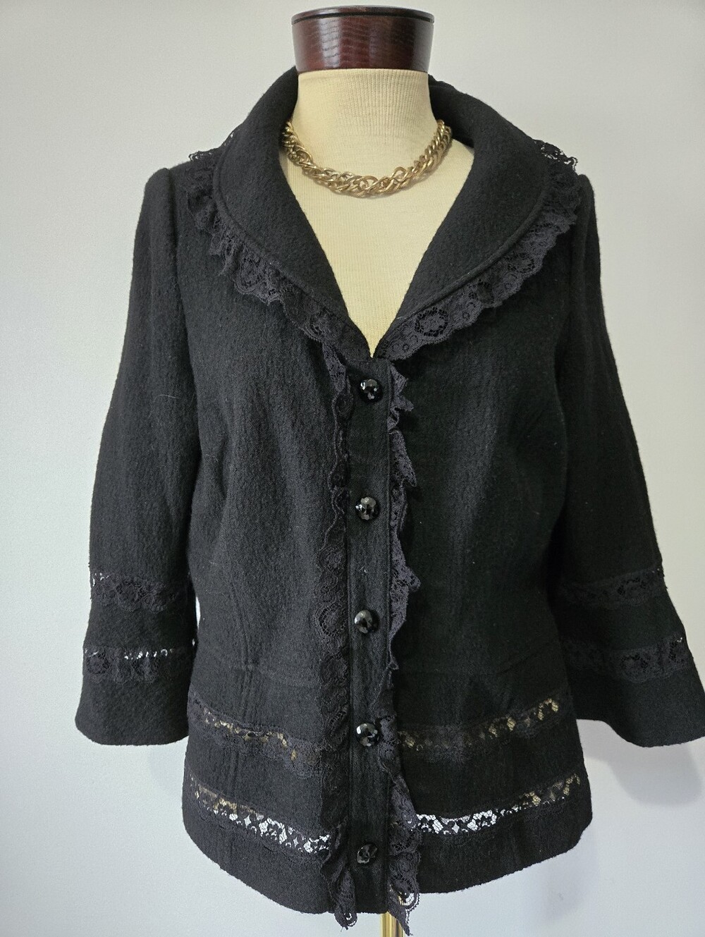 Rickie Freeman Teri Jon Black Textured Lightweight Wool Jacket With Lace. 14